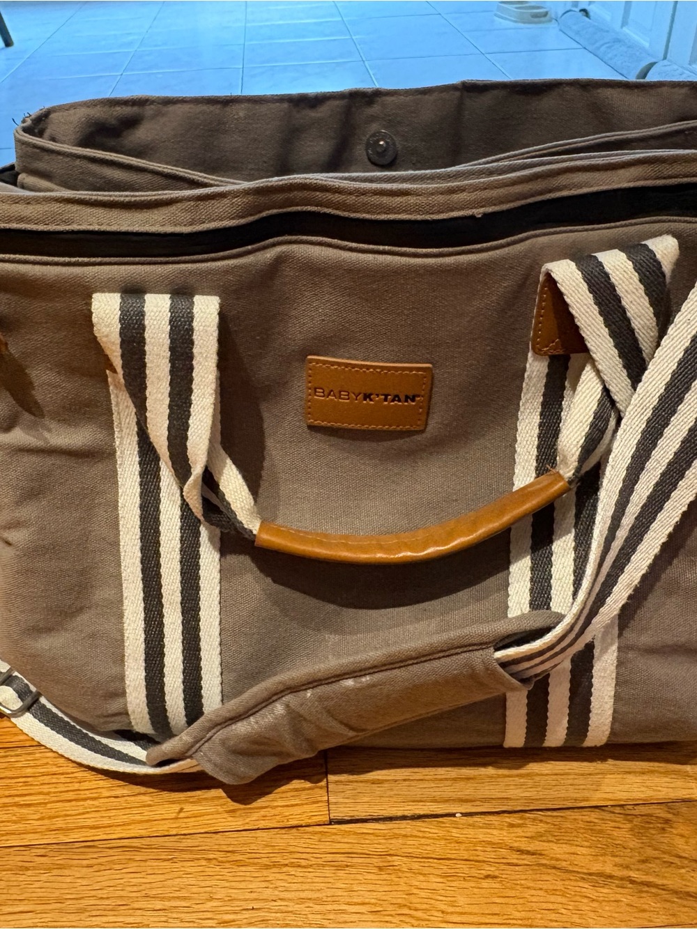 BABY K'TAN Gray Canvas Diaper Bag with Striped Webbing